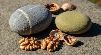 Dos piedras redondeadas, trozos de nuez, cáscaras de nuez y una concha marina sobre una superficie de piedra gris.