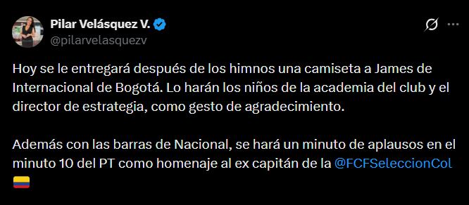 James Rodríguez tendrá un minuto de aplausos por su trayectoria en la selección Colombia - crédito @pilarvelasquezv/X