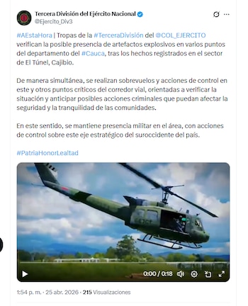 La Tercera División del Ejército Nacional está haciendo sobrevuelos y acciones de control en Cauca para verificar la posible presencia de artefactos explosivos - crédito @Ejercito_Div3/X