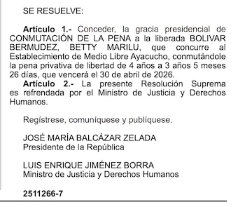 José María Balcázar otorga gracia presidencial a mujer condenada por usurpación y daños.