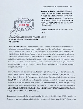Jorge Álvarez Máynez denunció a Amílcar Olán por presuntas irregularidades en contratos relacionados con medicamentos. (Especial)