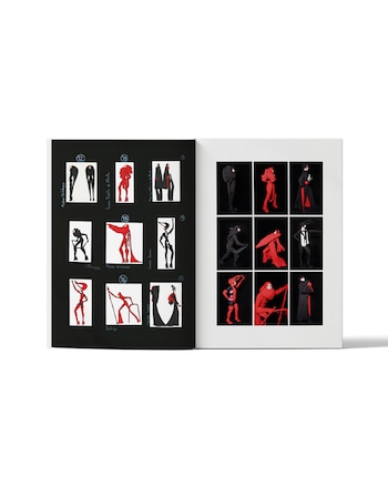 Libro abierto con diseños gráficos ilustrados en una página y nueve fotografías de figuras estilizadas en 3D, en negro y rojo, en la otra