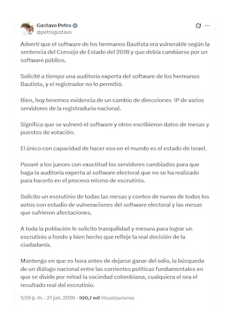 Gustavo Petro sobre sus alarmas sobre el sistema electoral