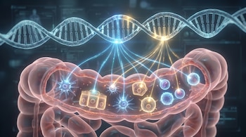 Ilustración 3D: Doble hélice de ADN sobre un intestino humano translúcido, con haces de luz conectando el ADN a células inmunitarias, epiteliales y dendríticas.