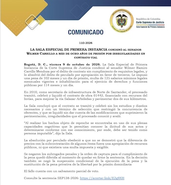 La Corte Suprema condenó al senador Wilmer Carrillo a 102 meses y un día de prisión - crédito Corte Suprema de Justicia
