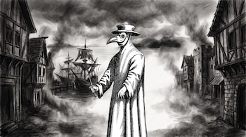 Ilustración en blanco y negro de una figura con máscara de pico, sombrero, túnica y vara en una calle junto a barcos.