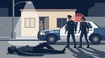 Ilustración de una calle nocturna en Chimalhuacán con una patrulla SCM-412, dos policías, una figura en el suelo y una mujer observando desde una casa.