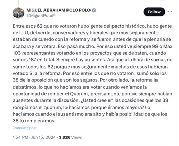 Miguel Polo Polo aseguró que la oposición no hubiera podido lograr que la reforma pensional se cayera - crédito @MiguelPoloP/X