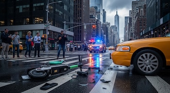 Un monopatín eléctrico verde dañado sobre un cruce peatonal mojado en una calle de Manhattan; cerca un taxi, un coche de policía con luces y personas observando.
