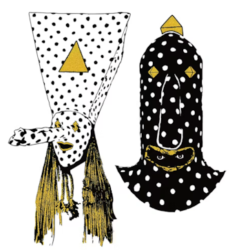Ilustración de dos figuras abstractas sobre fondo blanco. La izquierda es blanca con lunares negros, nariz larga y ojos/labios dorados. La derecha es negra con lunares blancos y detalles dorados