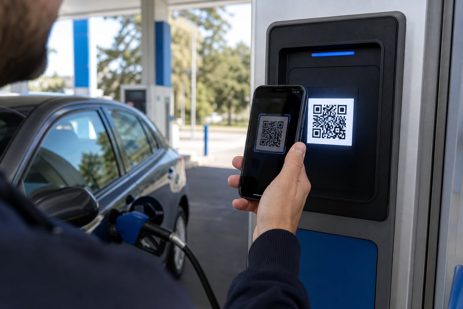 Un conductor utiliza su teléfono para escanear un código QR en gasolinera. (Imagen Ilustrativa Infobae)