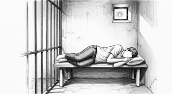 Ilustración a lápiz de un adolescente acostado en una banca dentro de una celda con barrotes, paredes rugosas y una ventana alta por donde entra luz.