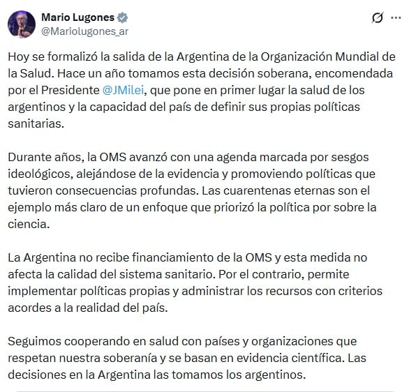 Mario Lugones anunció la formalización de la salida de Argentina de la Organización Mundial de la Salud, una decisión soberana encomendada por el Presidente Javier Milei. (X)
