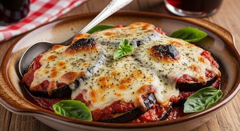 Primer plano de berenjenas a la parmesana en un plato. Se ven capas de berenjena, salsa de tomate, queso gratinado, hierbas secas y albahaca fresca.