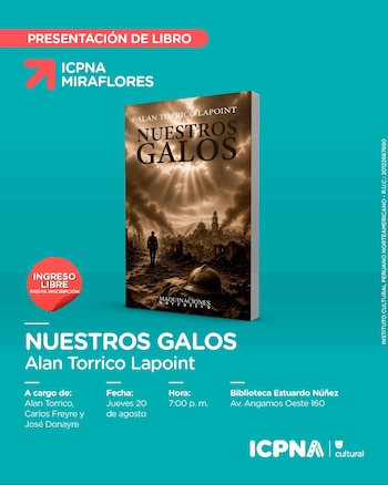 Cartel publicitario azul con la portada del libro Nuestros galos, detalles del evento, fecha, hora y el logotipo de ICPNA cultural