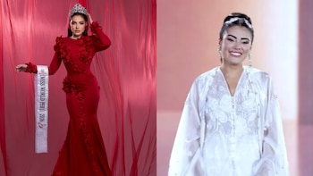 Composición de dos imágenes de una mujer: a la izquierda con vestido rojo, corona y banda, y a la derecha con un vestido blanco