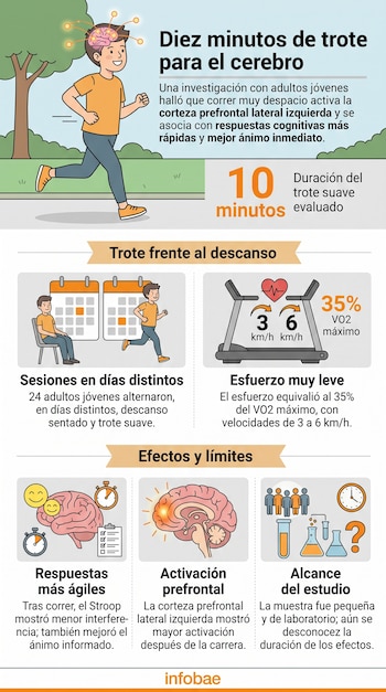 Infografía con ilustraciones de un joven corriendo, esquemas de cinta de correr, cerebros y texto explicativo estructurado en secciones.