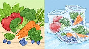 Ilustración plana de frutas y verduras. A la izquierda, frescas: manzanas, brócoli, zanahorias, espinacas y arándanos. A la derecha, los mismos productos congelados en bolsas.