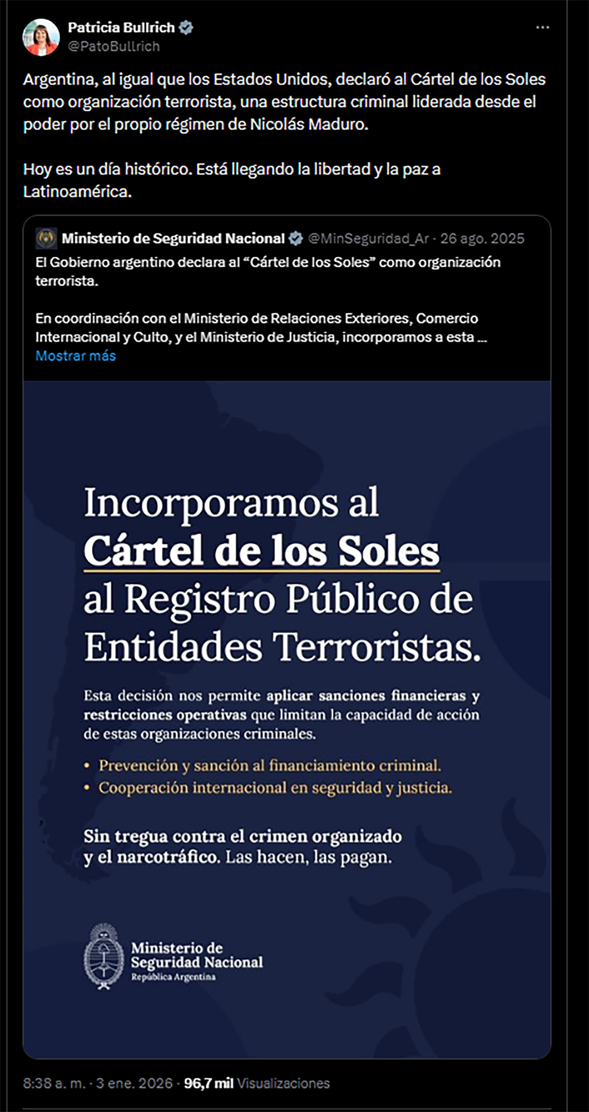 Bullrich celebró el operativo dirigido por los Estados Unidos.