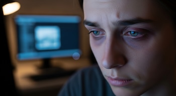 Primer plano de una persona con ojos cansados, ojeras marcadas y expresión triste, mirando hacia abajo. Una pantalla de ordenador azul se ve borrosa al fondo.