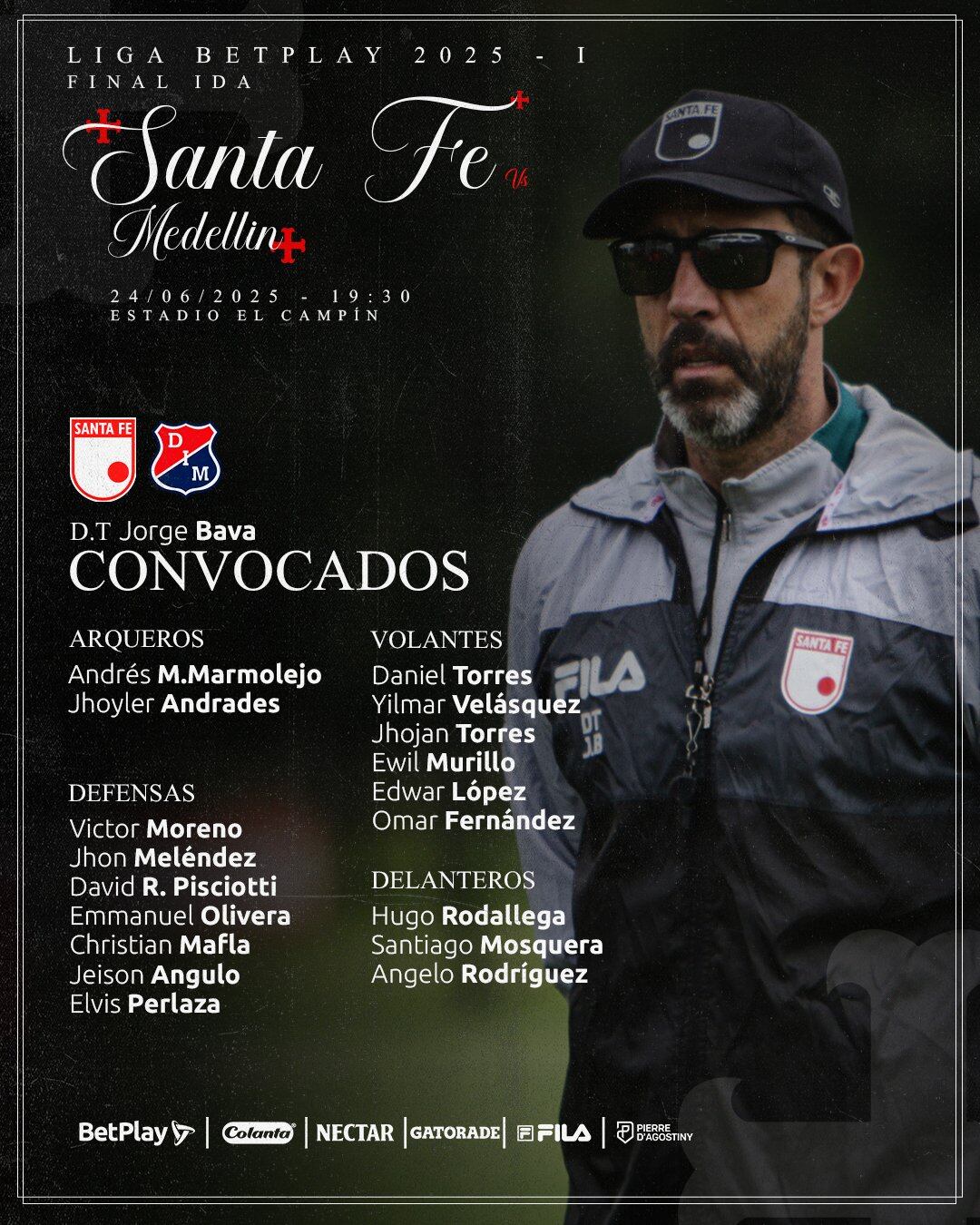 Estos son los futbolistas que tendrá el uruguayo Jorge Bava para recibir a Independiente Medellín - crédito @SantaFe / X