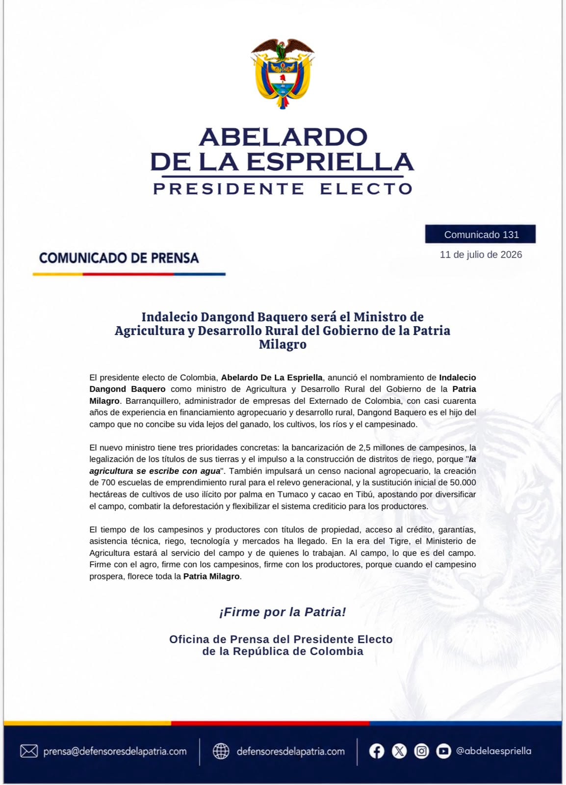 El ministro deberá impulsar la bancarización del campesinado y la legalización de los títulos de sus tierras - crédito Prensa Abelardo de la Espriella