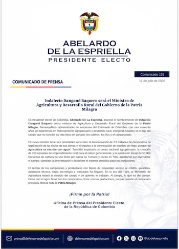 El ministro deberá impulsar la bancarización del campesinado y la legalización de los títulos de sus tierras - crédito Prensa Abelardo de la Espriella
