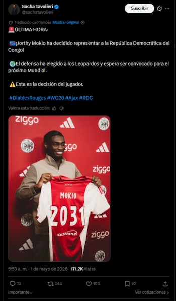 El joven de 18 años, que disputara minutos con Bélgica en marzo de 2025, opta por vestir la camiseta de la República Democrática del Congo para buscar un lugar en la próxima Copa del Mundo-crédito @sachatavolieri/X