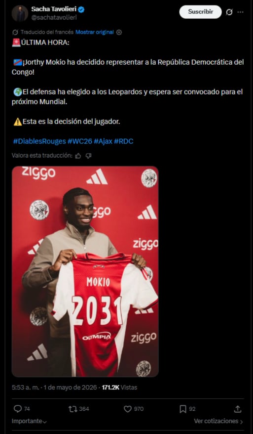 El joven de 18 años, que disputara minutos con Bélgica en marzo de 2025, opta por vestir la camiseta de la República Democrática del Congo para buscar un lugar en la próxima Copa del Mundo-crédito @sachatavolieri/X