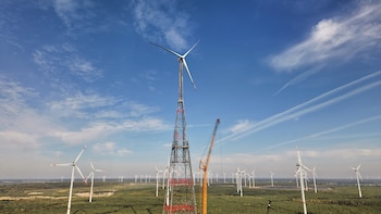 La energía eólica es una fuente de energía renovable que se obtiene al convertir la fuerza del movimiento del aire (energía cinética) en electricidad.
(AP foto/Markus Schreiber)