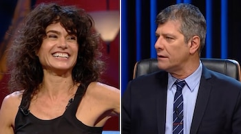 Fotografía dividida con una mujer de cabello rizado oscuro a la izquierda y un hombre de traje con corbata azul a la derecha.