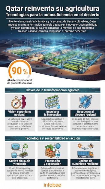 Infografía sobre Qatar y agricultura. Se ven invernaderos, granjas verticales en un desierto, el 90% de abastecimiento local, texto e iconos, logo Infobae.