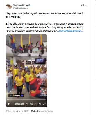 El expresidente Gustavo Petro cuestionó el respaldo de algunos ciudadanos en Cúcuta al mandatario Abelardo de la Espriella - crédito @petrogustavo/X