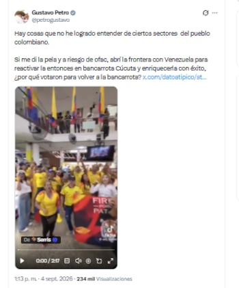 El expresidente Gustavo Petro cuestionó el respaldo de algunos ciudadanos en Cúcuta al mandatario Abelardo de la Espriella - crédito @petrogustavo/X