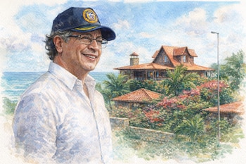 Acuarela de Gustavo Petro sonriendo, con gorra y camisa blanca. Al fondo, una lujosa casa con tejas rojas, vegetación exuberante y el mar.