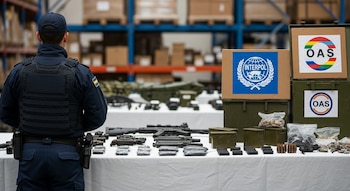 Policía de espaldas frente a una mesa exhibiendo armas, drogas y municiones incautadas. Cajas con logos de Interpol y OEA son visibles a la derecha.
