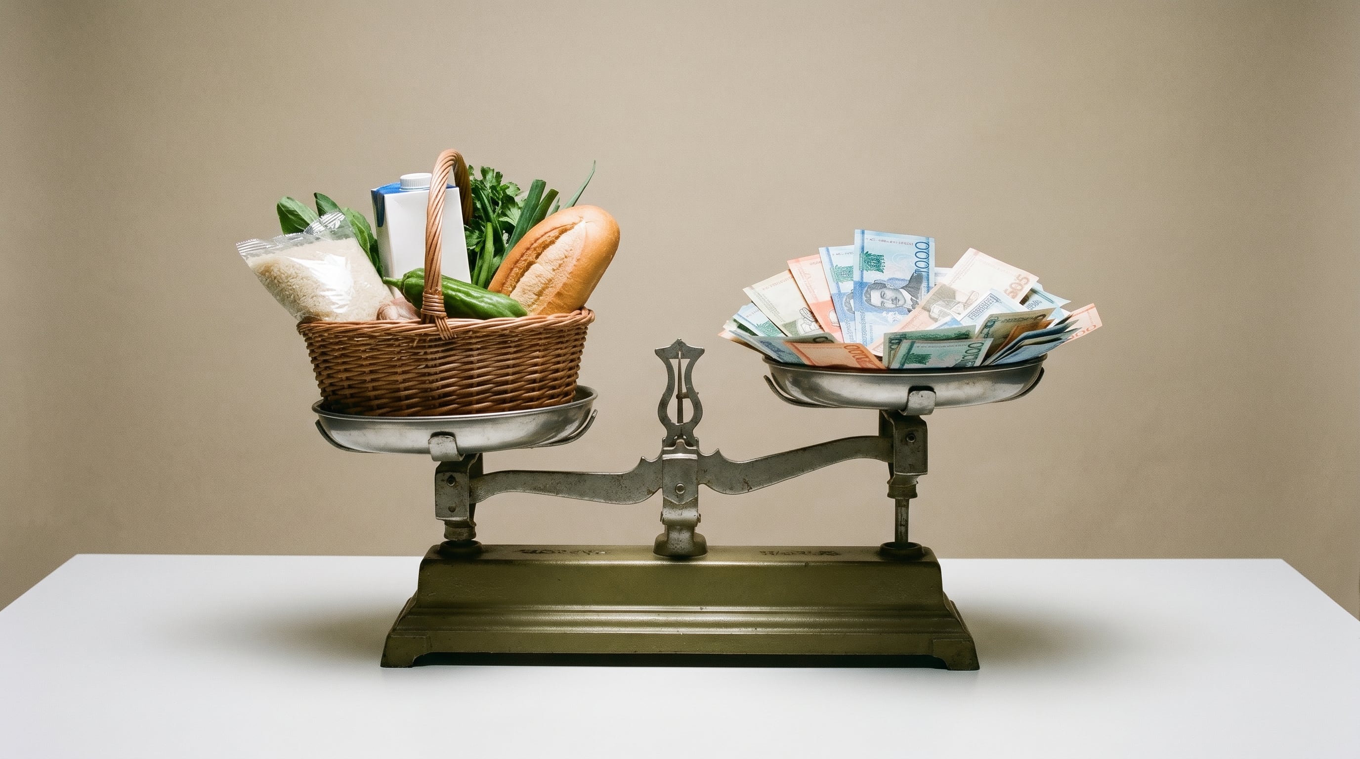 Una balanza antigua se inclina hacia una canasta de productos esenciales (arroz, leche, pan, verduras), superando el peso de una pila de billetes de pesos dominicanos, representando el creciente costo de la vida. (Imagen Ilustrativa Infobae)