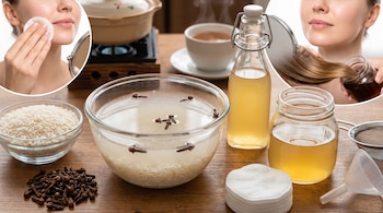 Granos de arroz, clavos de olor, agua, recipientes de vidrio, botellas, algodón, embudo, colador, olla, taza y dos mujeres aplicando productos de belleza.