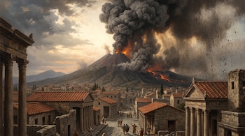 Representación de la erupción del Vesubio sobre la ciudad de Pompeya, con una gran columna de humo, ceniza cayendo y lava fluyendo, edificios romanos y personas en pánico.