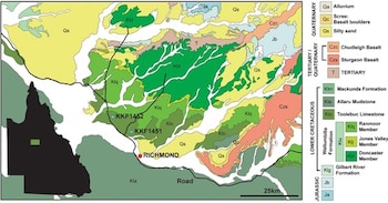 Mapa geológico de colores con leyenda estratigráfica a la derecha, un mapa de localización de Queensland y la ubicación de Richmond