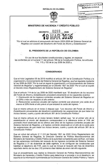 Con el Decreto 288 se adiciona el presupuesto del bienio 2025-2026 del Sistema General de Regalías con ocasión del desahorro del Fondo de Ahorro y Estabilización - crédito Ministerio de Hacienda