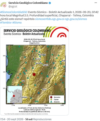 Sismo 07: 42 a . m. en Chaparral - crédito @sgcol/X
