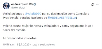 Andrés Forero felicitó a Valerie Laufarie por su nuevo cargo en el gobierno de Abelardo de la Espriella - crédito @AForeroM/X