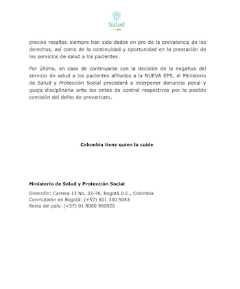 El Ministerio de Salud, bajo la dirección de Guillermo Alfonso Jaramillo, rechazó la determinación del Instituto Nacional de Cancerología de suspender la atención a nuevos pacientes afiliados a la Nueva EPS - crédito @MinSaludCol/X