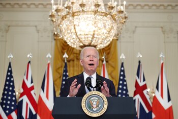 U.S. President Joe Biden delivers remarks on a National Security Initiative virtually with Australian Prime Minister Scott Morrison and British Prime Minister Boris Johnson, both not pictured, inside the East Room at the White House in Washington, U.S., September 15, 2021. REUTERS/Tom Brenner
