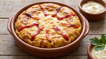 Una tortilla dorada decorada con tiras de pimiento rojo en una cazuela de barro, acompañada de dos recipientes con salsa sobre madera.