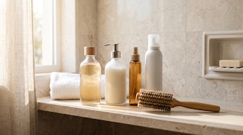 Frascos de cosméticos sin etiquetas, un cepillo de madera redondo y una toalla blanca sobre una repisa de baño junto a una ventana.