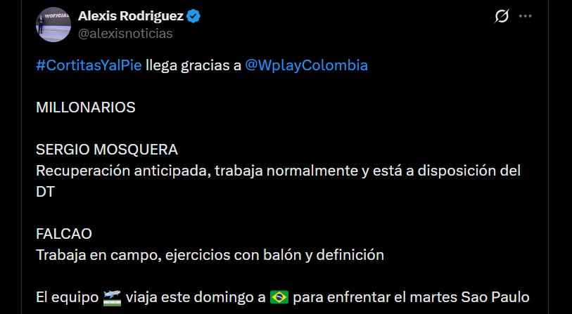 Millonarios recuperaría a Sergio Mosquera y Falcao García, antes de la quinta fecha de la Copa Sudamericana - crédito @alexisnoticias/X