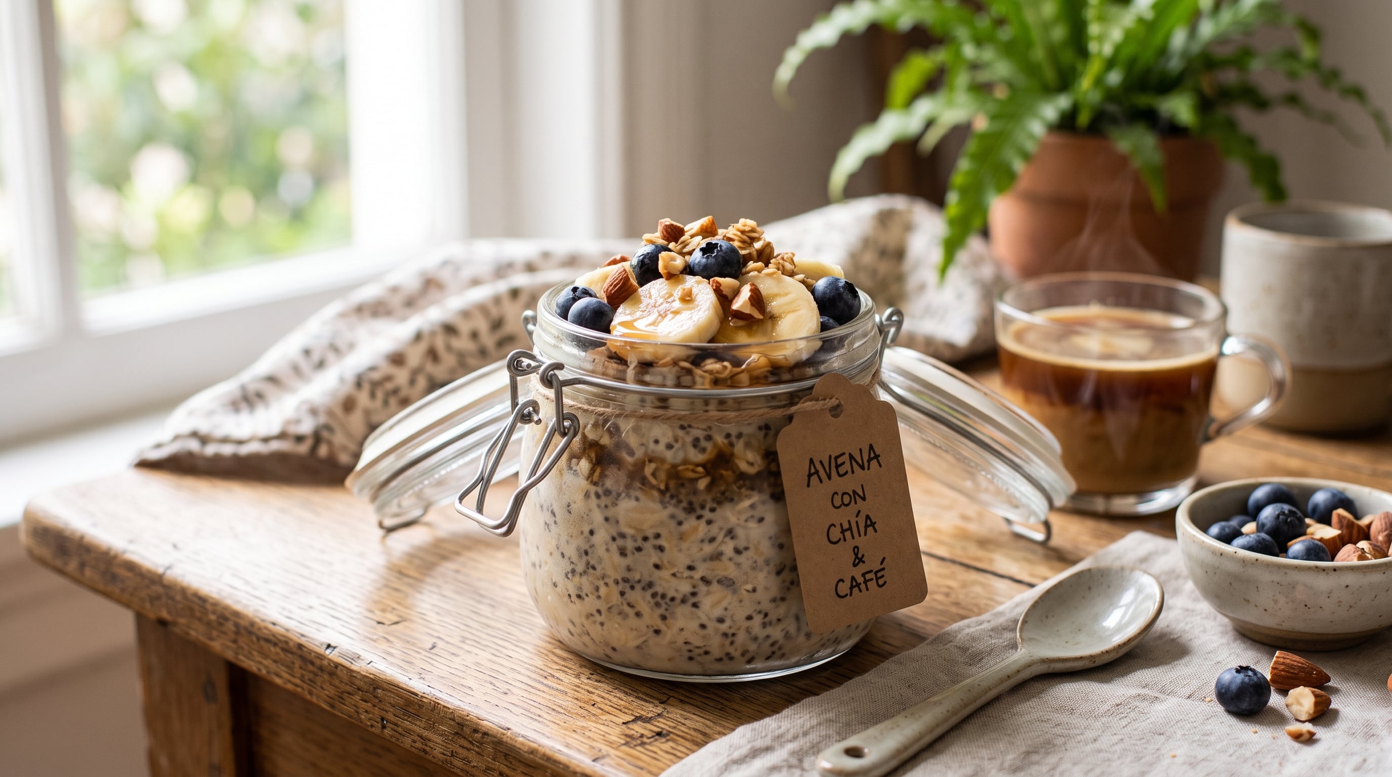 Un frasco de vidrio contiene avena fría con chía y café decorada con plátano, arándanos y almendras sobre una mesa de madera. (Imagen Ilustrativa Infobae)