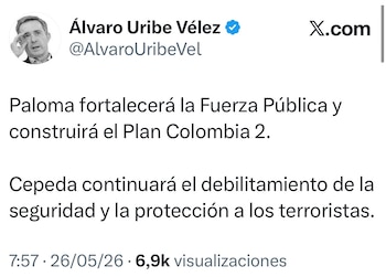 Álvaro Uribe Vélez exaltó a Paloma Valencia y lanzó pulla contra Iván Cepeda - crédito @AlvaroUribeVel/X